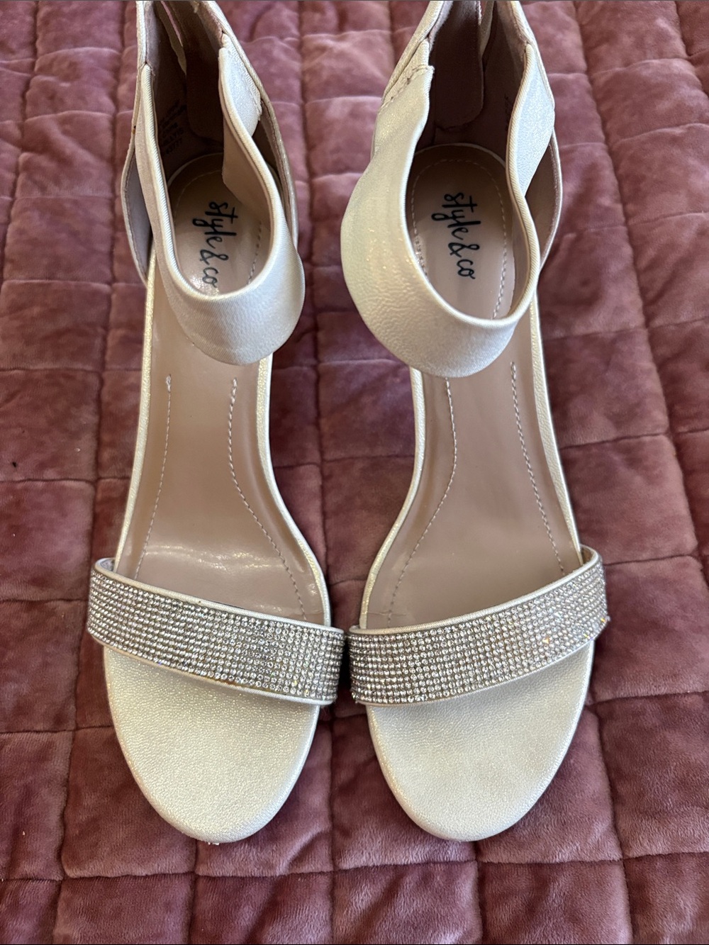 Style & Co. Champagne Rhinestone Ankle-Strap Heels